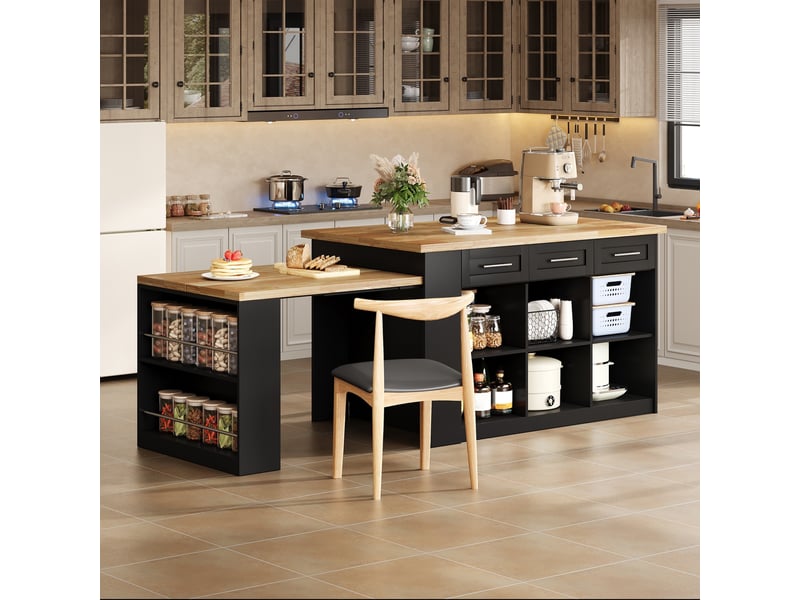  Îlot central de cuisine 150x90cm - avec table extensible 96cm, plan effet bois naturel &amp; rangements - noir &amp; bois  - Conforama D