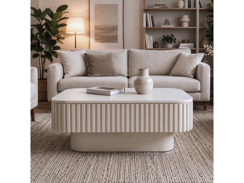 Table basse rectangulaire à rangement caché avec plateau amovible, finition rainurée en mdf crème 98 × 60 × 35 cm - Conforama B