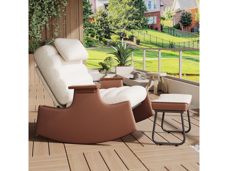  Fauteuil à bascule avec repose-pieds - dossier réglable 3 positions, appui-tête, velours bouclé - beige  - Conforama D