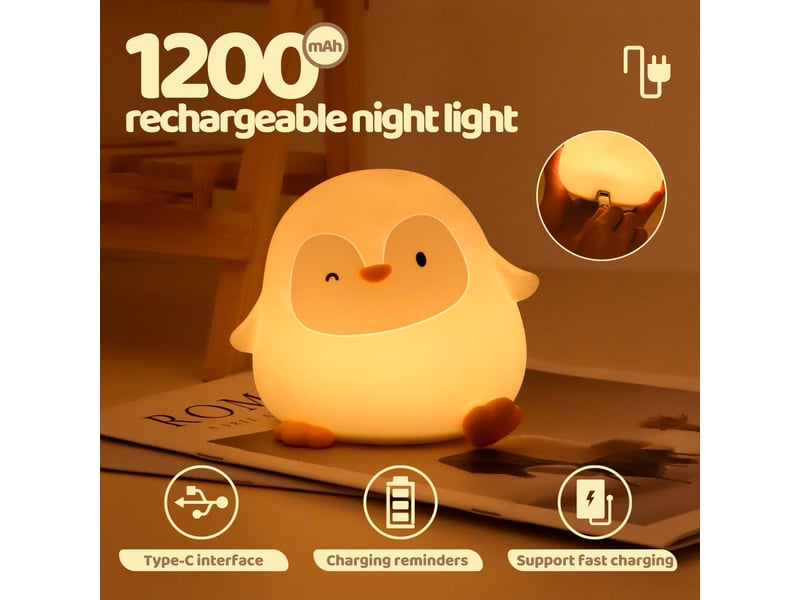  Veilleuse pingouin en silicone pour enfants, rechargeable, 50 h d’autonomie, commande tactile, minuterie  - Conforama E
