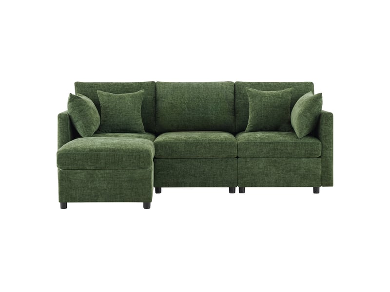  Canapé d'angle modulable convertible en 3 places avec pouf mobile et 4 coussins en chenille vert  - Conforama A