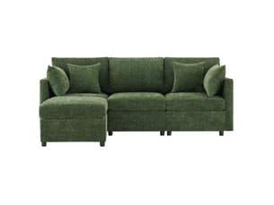 Canapé d'angle modulable en 3 places avec pouf mobile et 4 coussins en chenille vert