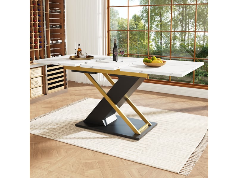 Table à manger extensible 120–160 cm, blanc effet marbre, noir et doré Fay Lum - Conforama B