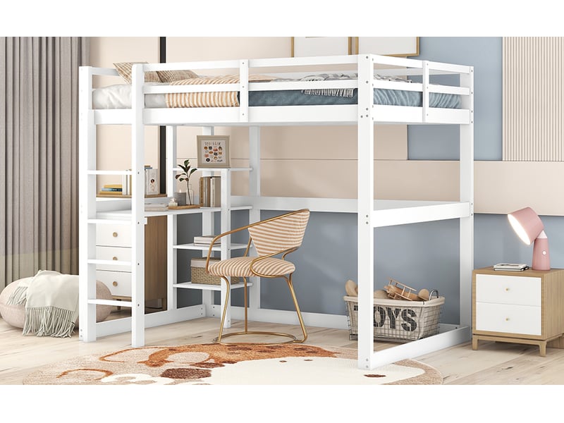  Lit mezzanine 140x200 cm avec doté de 4 casiers et d'un plateau de bureau, lit enfant avec espace de rangement, en pin, blanc  - Conforama W