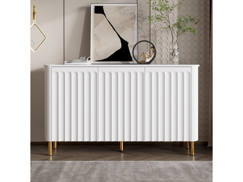 Buffet en mdf avec pieds en métal, 3 portes au relief en colonnes et bord ondulé, coins arrondis et sans poignées pour le salon  - Conforama B
