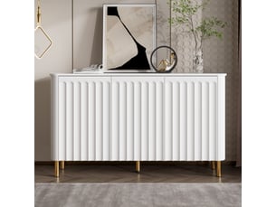 Buffet en mdf avec pieds en métal, 3 portes au relief en colonnes et bord ondulé, coins arrondis et sans poignées pour le salon