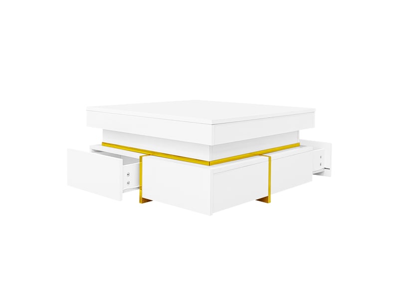  Table basse avec 2 tiroirs pour salon en panneaux de particules 70×70×35,5 cm blanc brillant et doré  - Conforama A