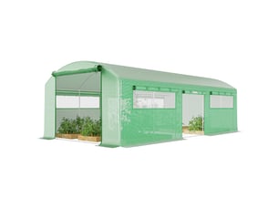 Serre tunnel de 6 x 3 x 2 m avec 3 portes sectionnelles, 6 fenêtres grillagées et structure en acier galvanisé vert