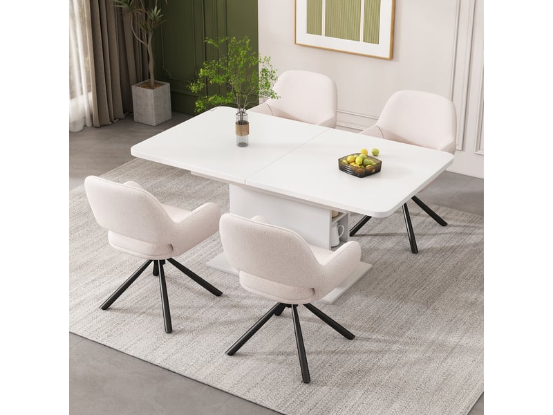  Chaises de salle à manger lot de 4 pivotantes avec accoudoirs  - assise rembourrée, tissu sherpa - blanc  - Conforama C