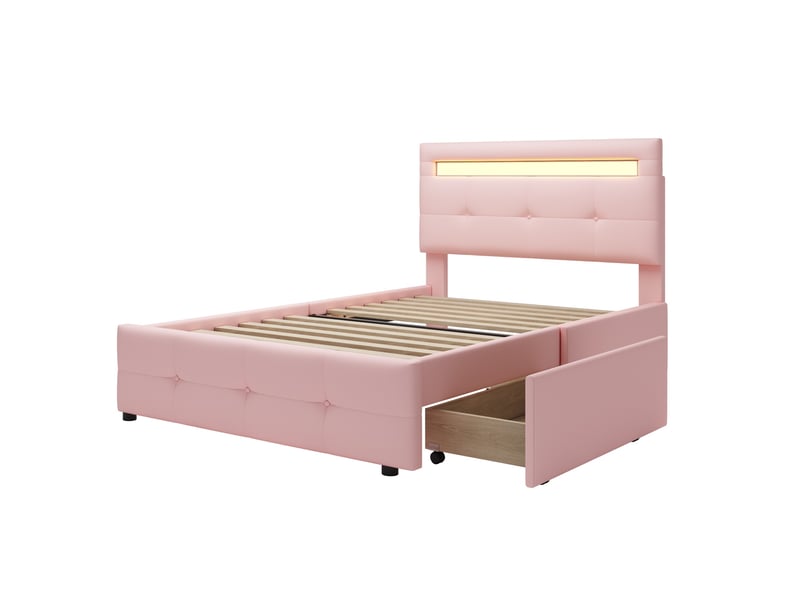  Lit enfant rembourré 90 x 200 cm avec led et 2 tiroirs, tête de lit réglable, rose Fay Lum - Conforama A