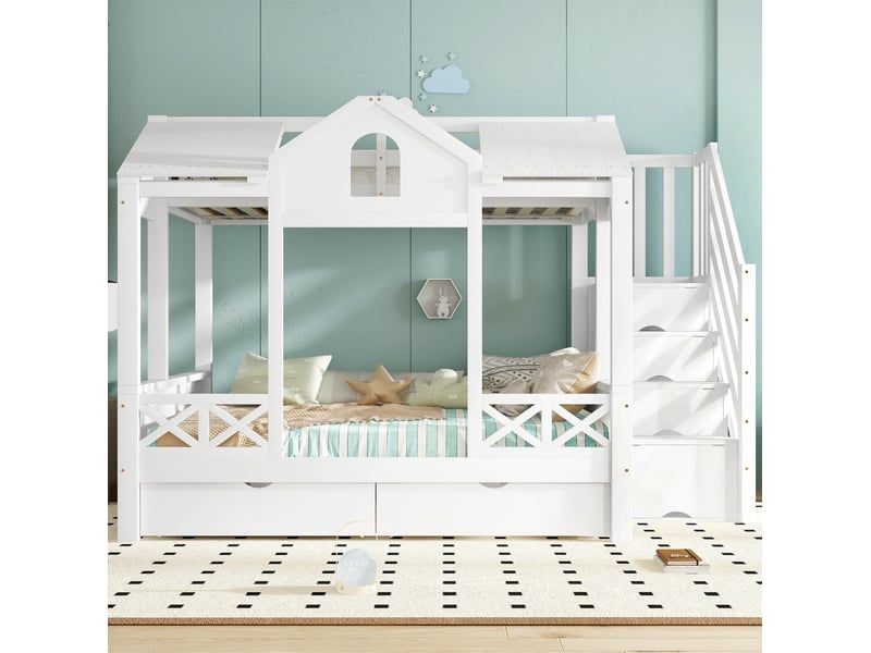  Modenvie lit superposé enfant 90x200 cm et 140x200 cm - avec rangement et escalier 4 niches - blanc  - Conforama D
