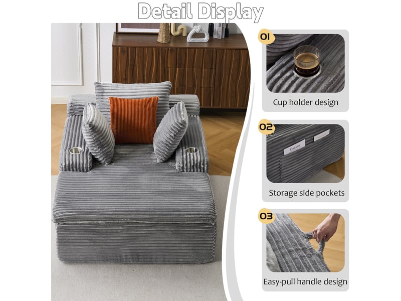  Canapé de sol méridienne 112x165x63 cm, style moderne, 3 coussins, 1 plaid, mousse haute densité, velours côtelé, gris  - Conforama D