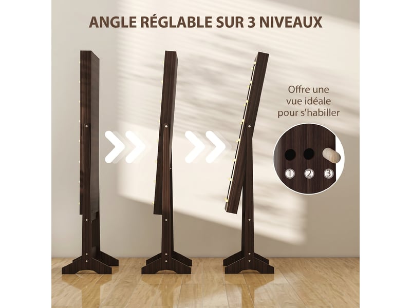  Armoire à bijoux, armoire de rangement sur pieds, boîte à bijoux avec miroir multi-rangements éclairage led marron foncé  - Conforama R