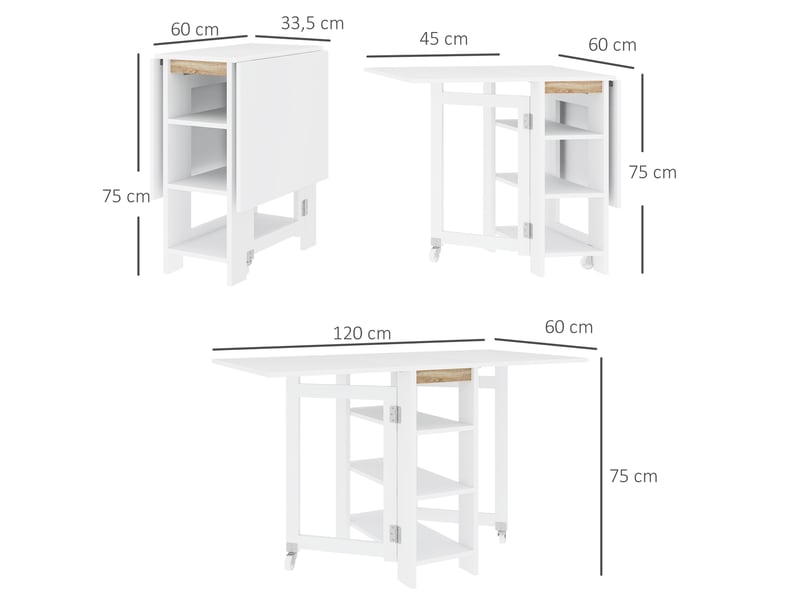  Table de cuisine pliante à abattants, 2 roulettes et étagères, style moderne, 120 x 60 x 75 cm, blanche  - Conforama E