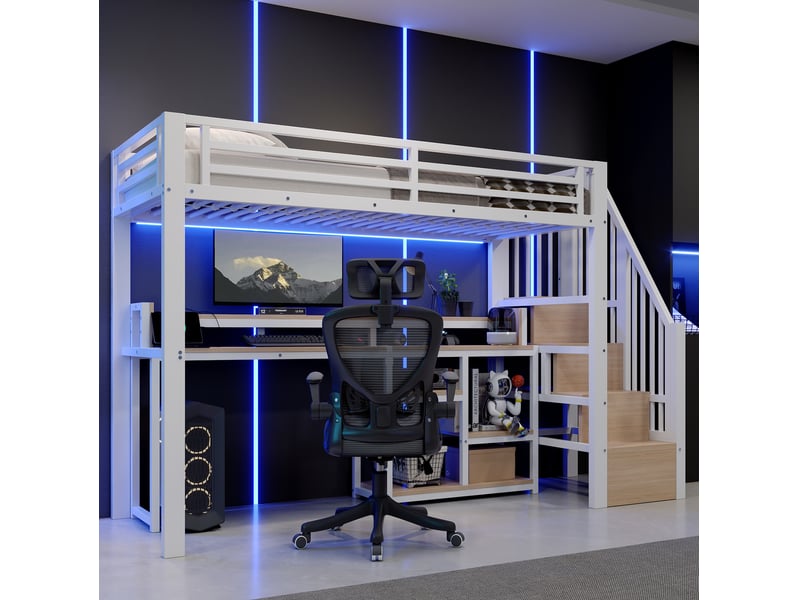  Lit mezzanine 1 place 90 × 200 cm avec rangements, led, ports usb et usb-c, sans matelas, métal et mdf, blanc  - Conforama C