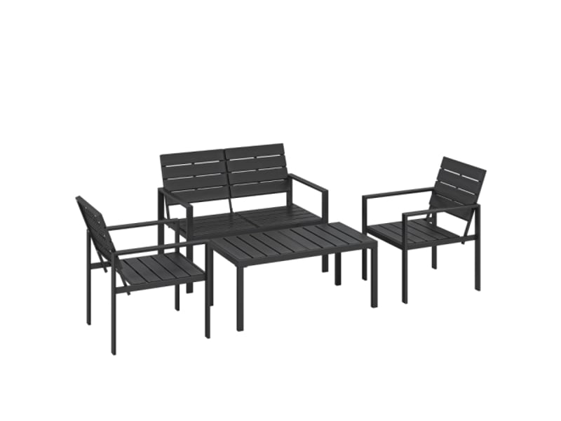 Salon de jardin 4 personnes noir, canapé 2 places, 2 fauteuils, table basse, design lattes, extérieur - Conforama A