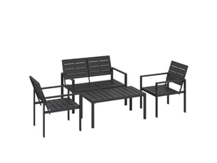 Salon de jardin 4 personnes noir, canapé 2 places, 2 fauteuils, table basse, design lattes, extérieur