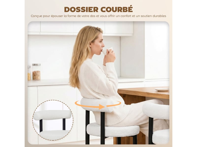  Lot de 2 tabourets de bar, chaises de bar en tissu bouclette avec dossier incurvé, 50x52,5x98cm, repose-pieds, blanc  - Conforama E
