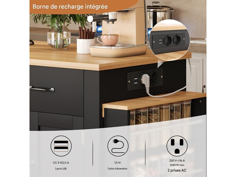  Ilot de cuisine avec table extensible mdf noir 132x60x93 cm - pangivo  - Conforama E
