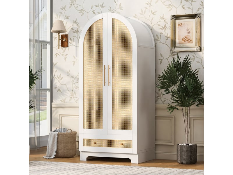 Armoire penderie 2 portes 70x55x170 cm - rangement avec tiroirs et étagères - effet rotin - bois blanc - Conforama D