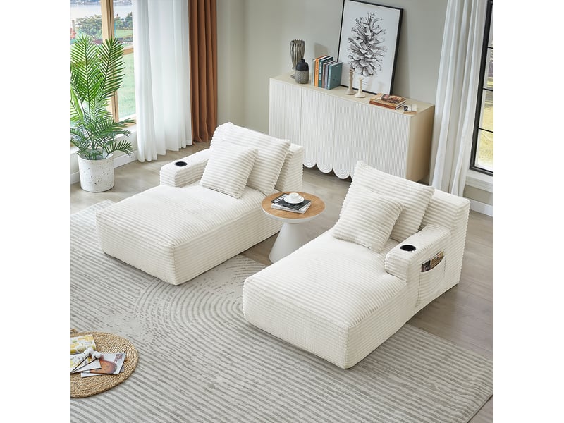  Canapé droit 2 places beige en velours côtelé, double chaise longue, porte-gobelets, sans montage Fay Lum - Conforama D