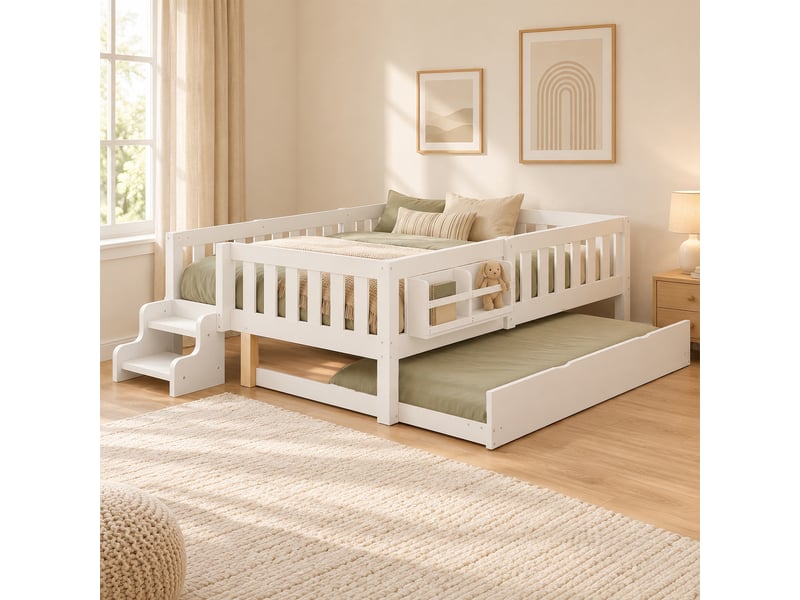  Lit gigogne enfant 140x200 cm avec lit d’appoint coulissant, bibliothèque, escalier, barrière de sécurité et sommier à lattes, bois - blanc  - Conforama B