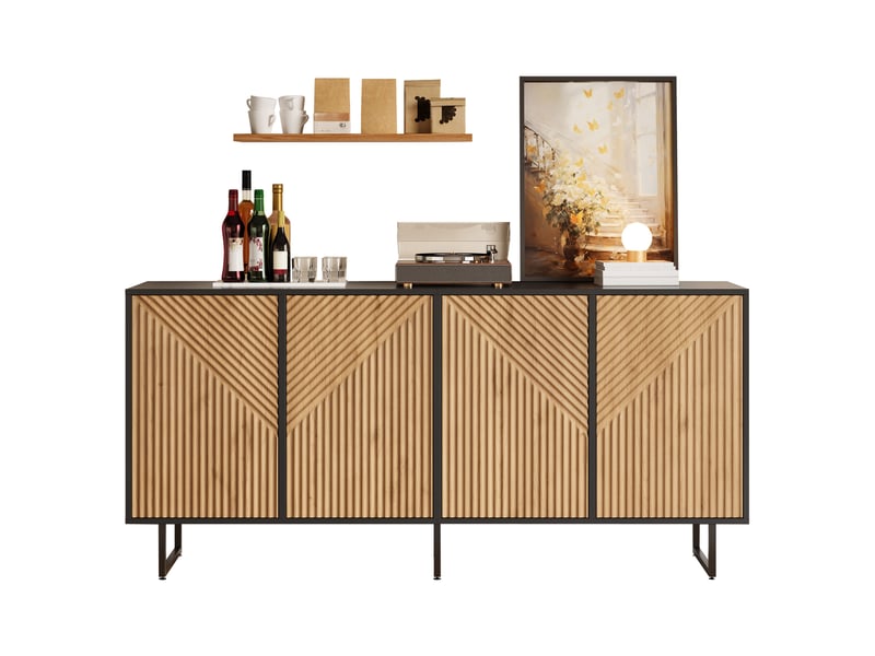  Buffet 4 portes noir et bois naturel 160x40x75 cm, meuble tv salon avec 3 pieds, design moulé sous vide  - Conforama A