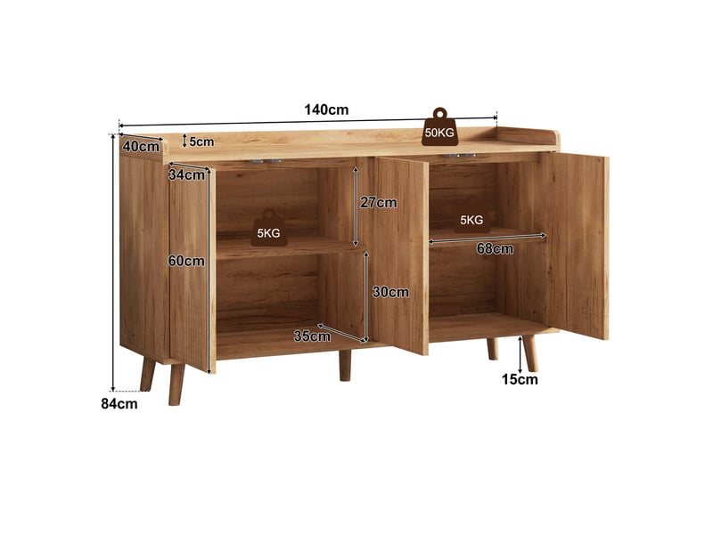  Buffet bas 140x40x84 cm avec 4 portes et étagères réglables, coloris naturel  - Conforama C
