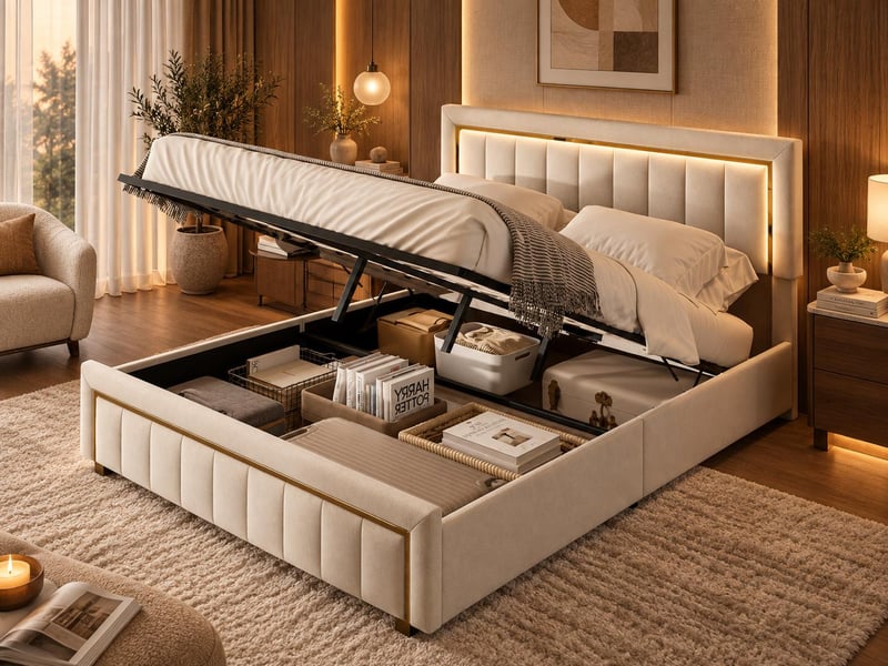  Lit coffre 160x200 - lit 2 places - avec lumière led -  beige (matelas non inclus)  - Conforama B