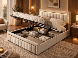 Lit coffre 160x200 - lit 2 places - avec lumière led - beige (matelas non inclus)