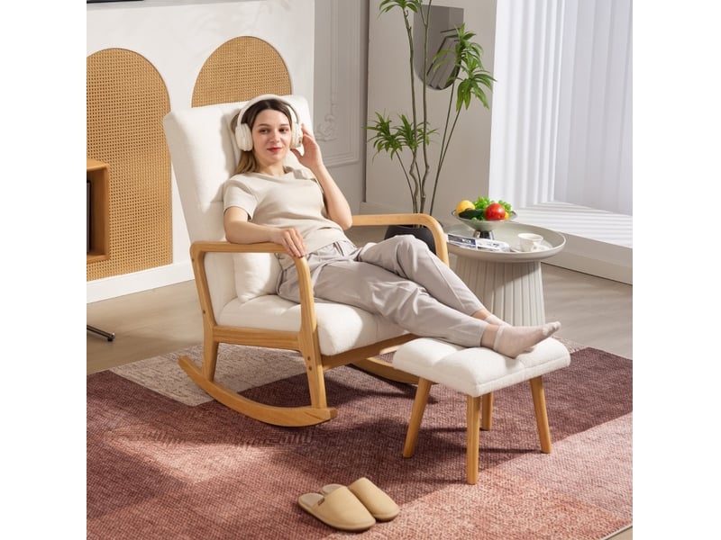 Fauteuil à bascule avec repose-pieds, dossier haut, accoudoirs et coussin, pour salon et chambre, en bois blanc - Conforama E