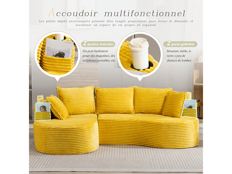  Canapé incurvé moderne avec porte-gobelets intégrés 250 x 152 x 82 cm rangement latéral  - Conforama D