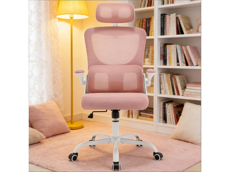  Fauteuil de bureau ergonomique rose avec accoudoirs rabattables, support lombaire et maille respirante, 150 kg  - Conforama W