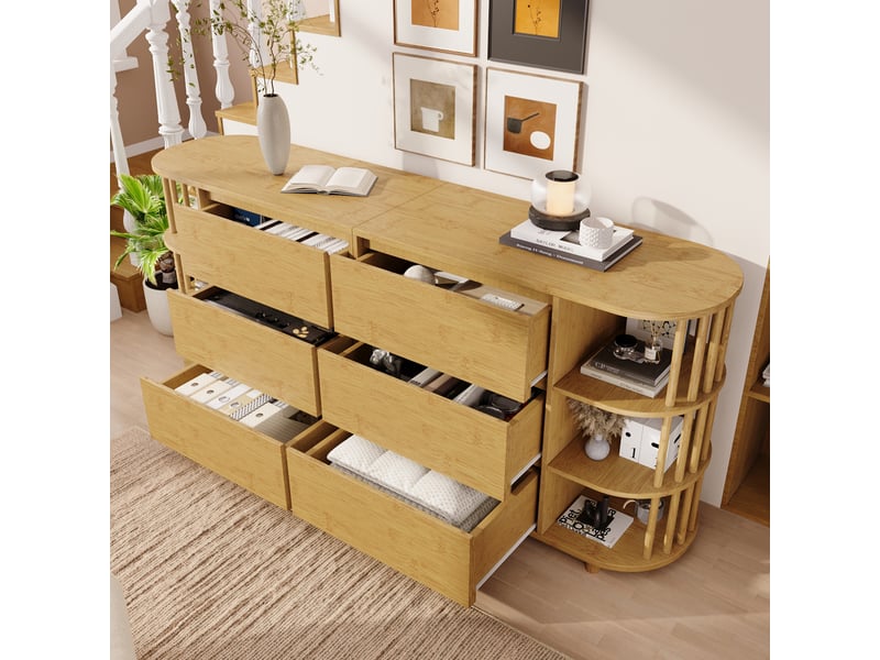  Commode avec 6 tiroirs et étagères ouvertes pour salon en mdf et bambou 160×40×75 cm chêne  - Conforama C