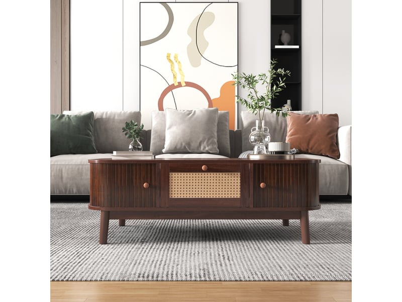  Table basse 110x55x38,5 cm, grand rangement, détails rotin, porte coulissante, design moderne pour salon et séjour - naturel  - Conforama B