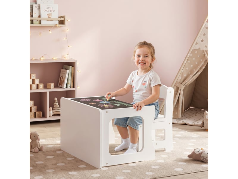  Bureau et chaise pour enfant avec plateau réversible tableau noir, 3 à 6 ans, blanc  - Conforama B