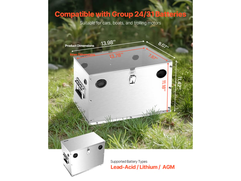  Vevor boitier a batterie, groupe 2431, coffre a batterie en acier inoxydable, avec serrures, poignees, passe-cables en caoutchouc, pour voitures, bateaux, camping-car, moteurs de peche a la traine  - Conforama B