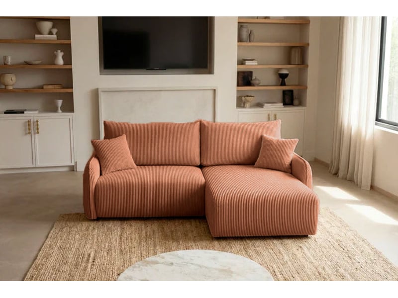 Sacha - canapé d'angle convertible petit velours côtelé 3 places terracotta - Conforama D