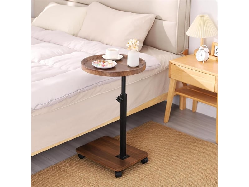  Table d'appoint c 2 niveaux, plateau rotatif 360°, hauteur réglable, roulettes, espace rangement, canapé, lit, salon PHK_34P6UCMN - Conforama E