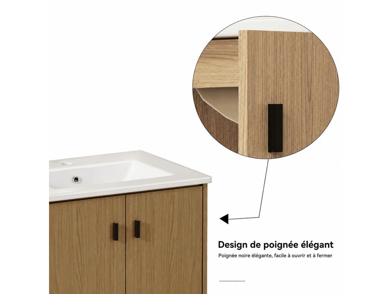  Meuble vasque 60 cm effet chêne clair en mdf avec vasque en céramique et 2 portes  - Conforama D