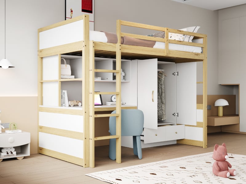  Lit mezzanine 90x200 cm en bois naturel avec échelle, bureau, armoire et tiroirs pour enfant  - Conforama W