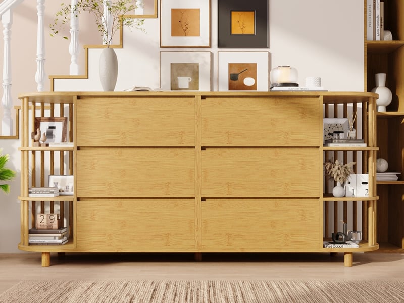  Commode, 6 tiroirs et étagères ouvertes, design romain, buffet, meuble de rangement, meuble de foyer, réglable en hauteur, chêne  - Conforama B