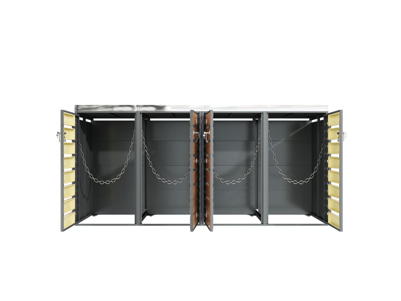  Cache-poubelles 4 compartiments avec bac à plantes, panneaux bois horizontaux, métal gris  - Conforama A