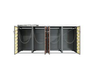 Cache-poubelles 4 compartiments avec bac à plantes, panneaux bois horizontaux, métal gris