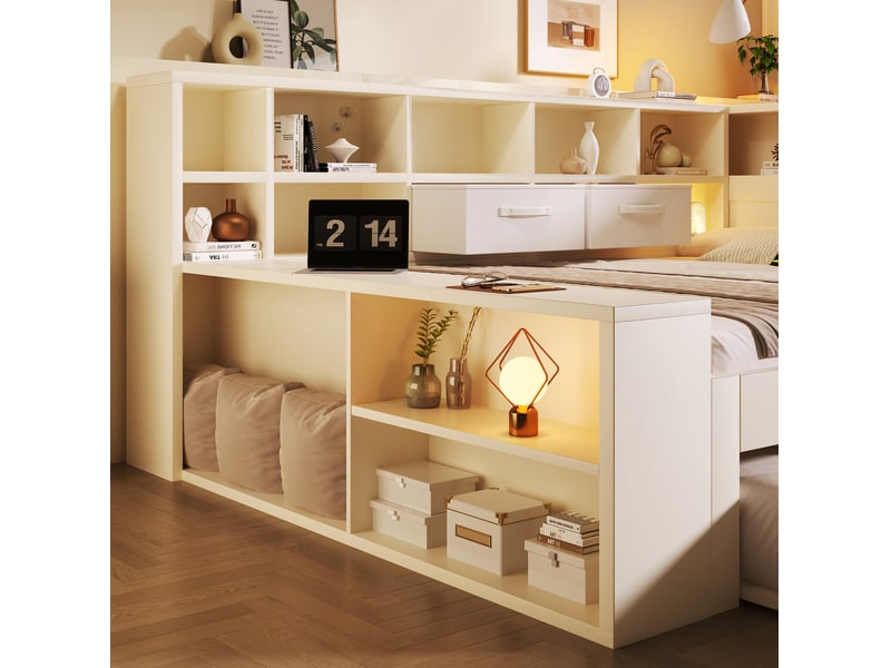 Lit gigogne, 90x190 cm, couchage gigogne, doté d’un espace de rangement, connectiques usbtype c, bois, coloris blanc  - Conforama E
