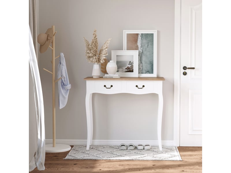  Console à 2 tiroirs, style rétro, idéale pour entrée, couloir, salon ou chambre, en pin, 87 x 34 x 78,5 cm, blanche.  - Conforama D