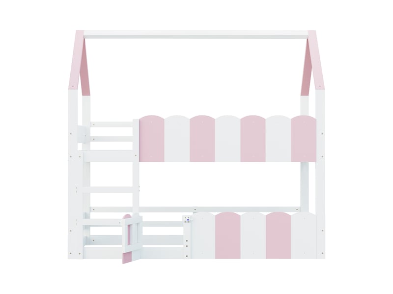  Lit superposé enfant 90x200 cm, forme de maison, barrières surélevées, un seul sommier, bois, blanc et rose, sans matelas  - Conforama D