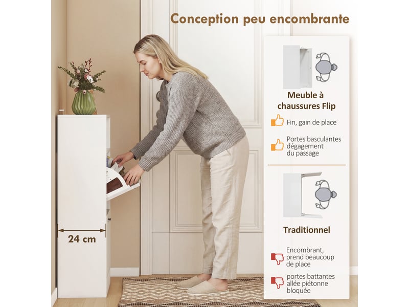  Meuble à chaussures 8 paires, armoire à chaussures, 2 tiroirs rabattables, étagères réglables et compartiment, blanc  - Conforama E
