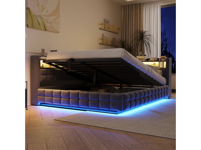  Lit banquette enfant coffre 140 x 200 cm avec led, usb, usb-c, prise et étagères, velours gris foncé Fay Lum - Conforama E