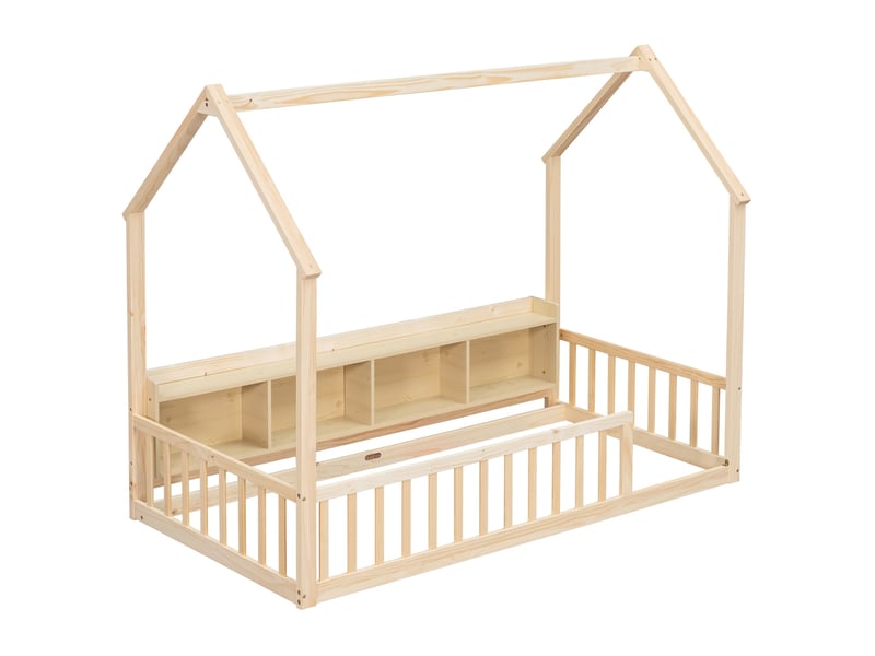  Lit cabane enfant 90x200 cm avec étagères et barrières de sécurité naturel, sans matelas  - Conforama D